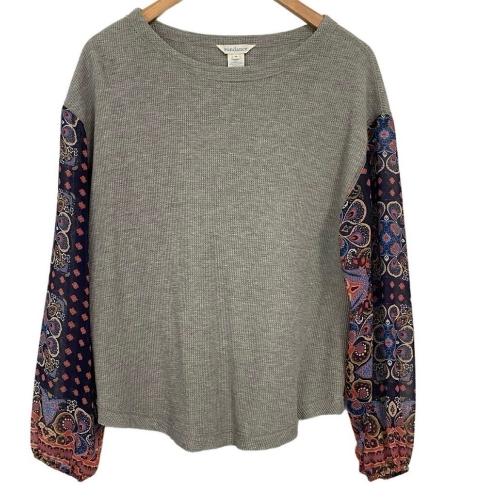 Sundance Gray Thermal With Sheer Paisley Balloon Sleeves Sz M EUC